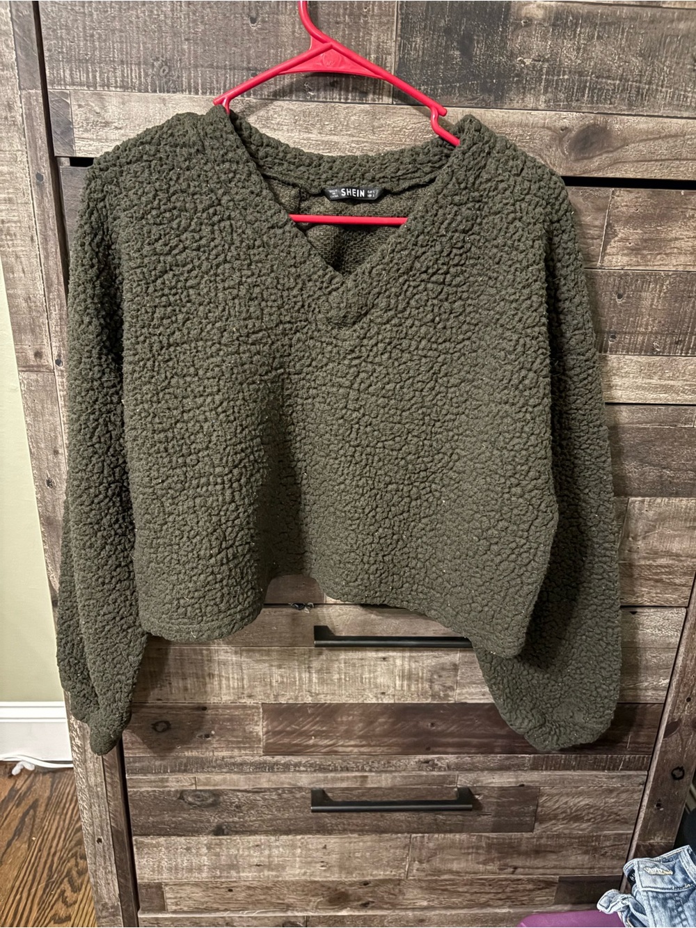 SHEIN Olive Green Sherpa V-Neck Pullover